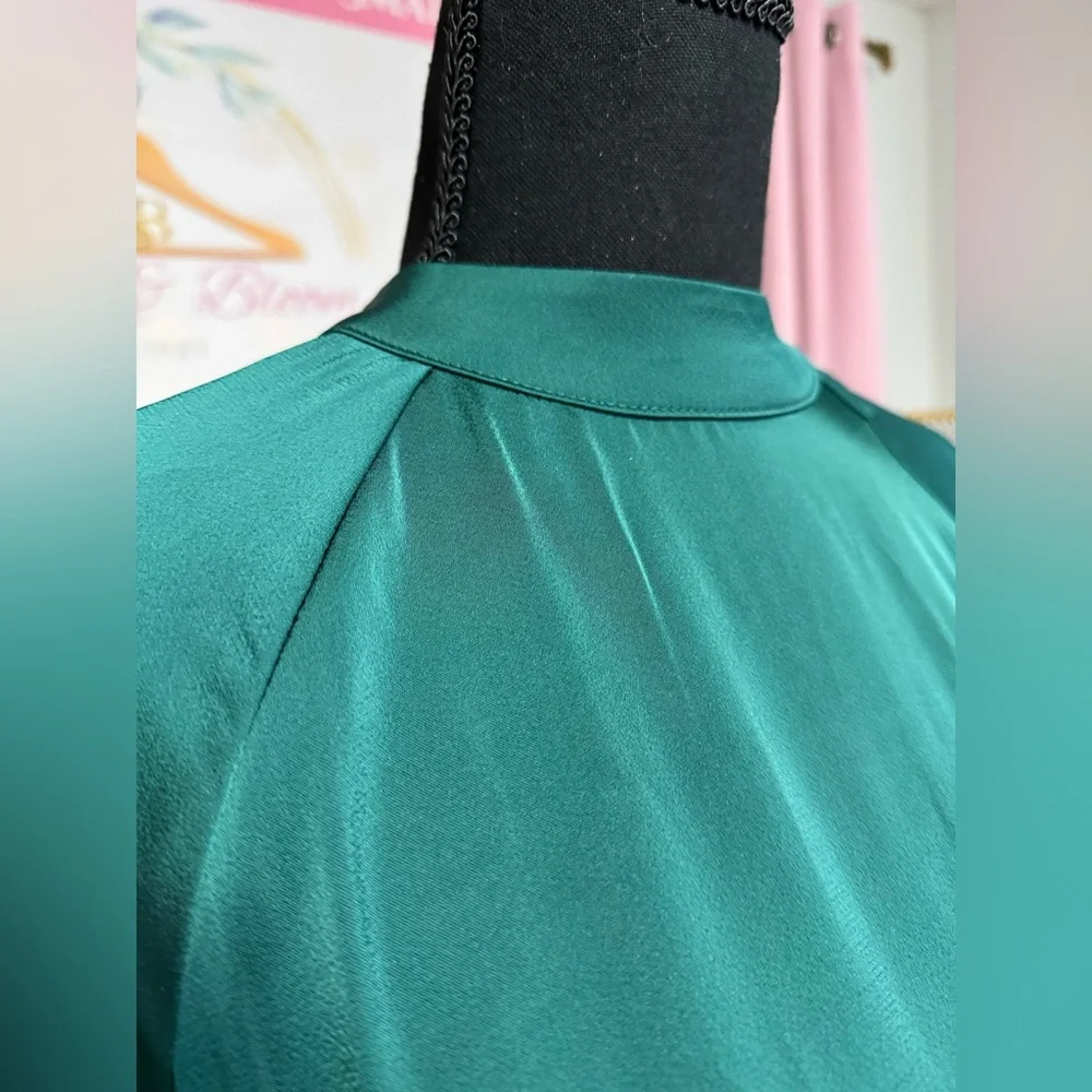 Emerald Green Flowy Swing Dress | Bell Sleeve Mock Neck Holiday Dress | Medium - Picture 7 of 7
